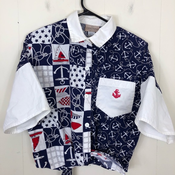 Vintage Nautical Print Button Down Crop Top Sz L - Picture 3 of 9